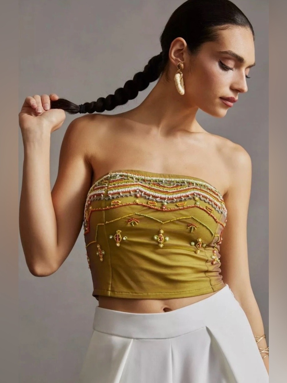 Anthropologie Embroidered Bead Embellished Tube Top Smocked Large